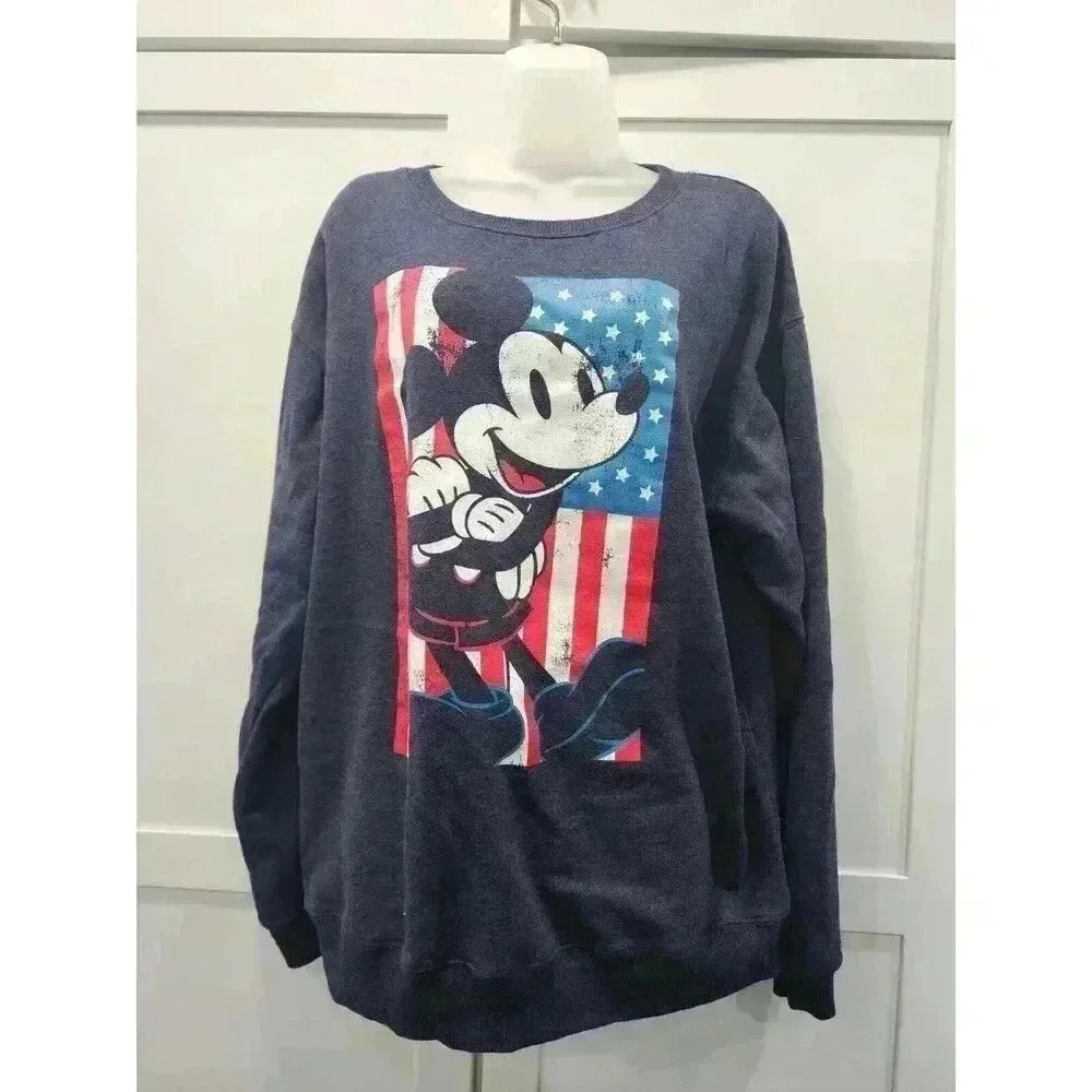 Disney Mickey Mouse American Flag Blue Sweater Pullover 90's XL UNISEX